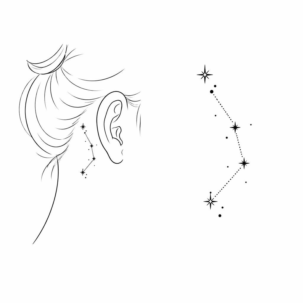 Tattoo-Design auf weißem Papier: kleines Sternbild im Lettering-Stil, klare Linien, Flash-Sheet-Optik.