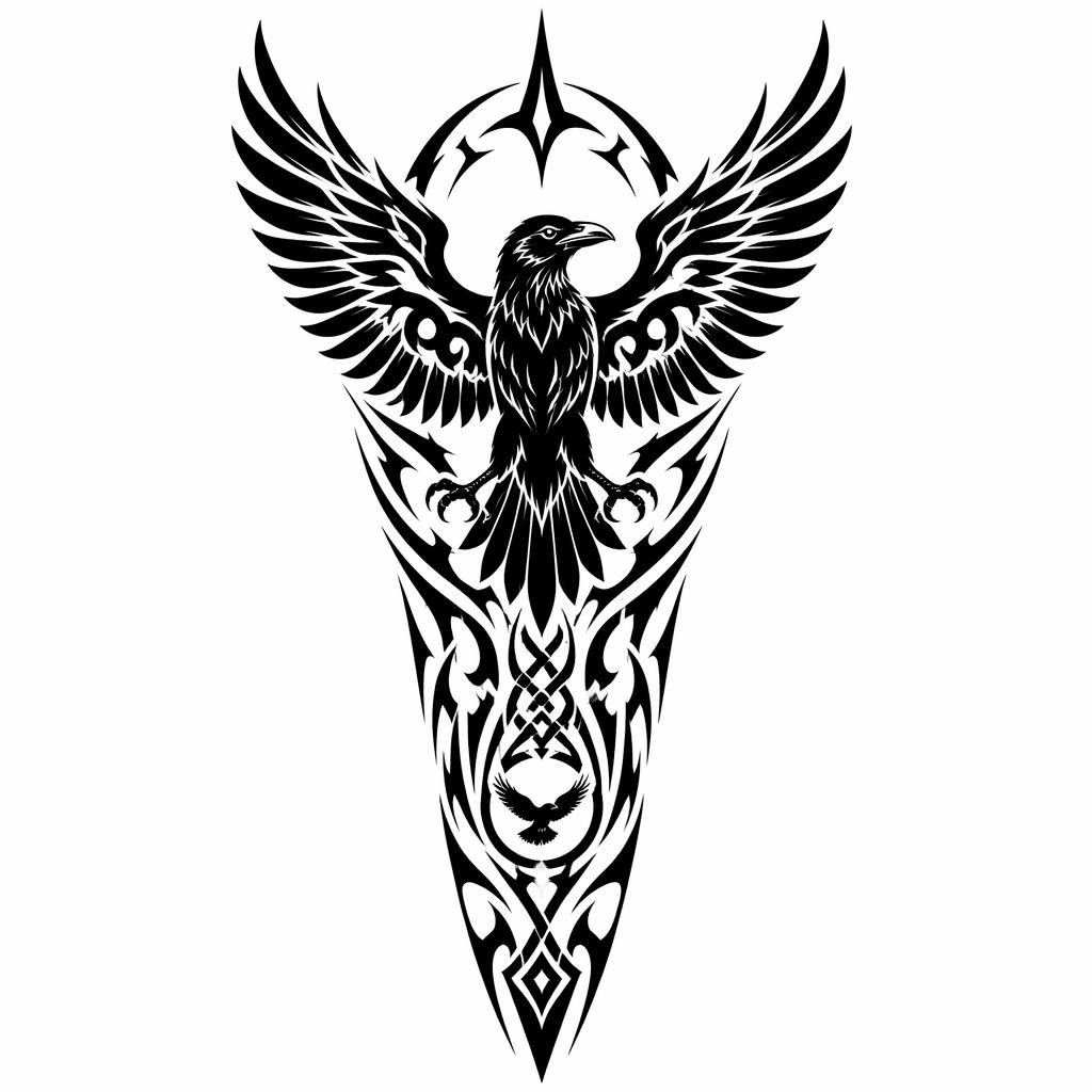 Blackwork raven tattoo design with spread wings on white paper, tribal full sleeve panel flash, sharp high-contrast lines