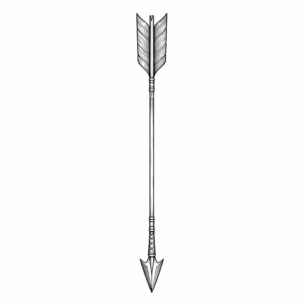 Minimalist fineline arrow tattoo design drawn on white paper, high contrast black lines, clean flash-sheet style.