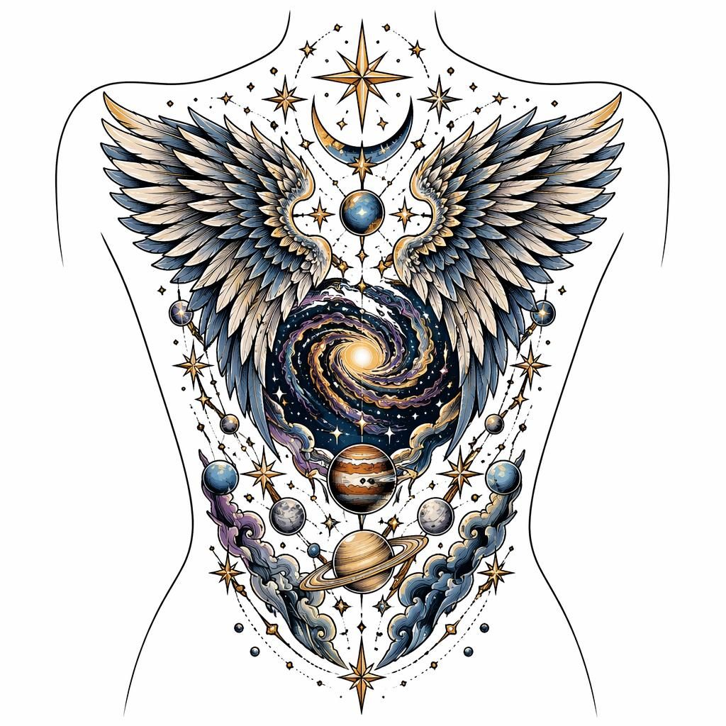 Neo-traditionelles Tattoo-Design mit Kosmos und Sternen als Flash-Illustration auf weißem Papier, kontraststark und klar.