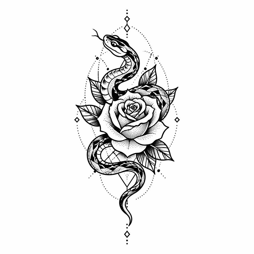 Diseño de tatuaje en papel blanco con serpiente y rosa tradicional en estilo geométrico y dotwork, líneas negras nítidas