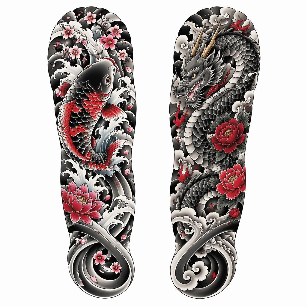 Diseño de tatuaje en papel blanco con infinito para pareja a juego, estilo irezumi, líneas negras nítidas.