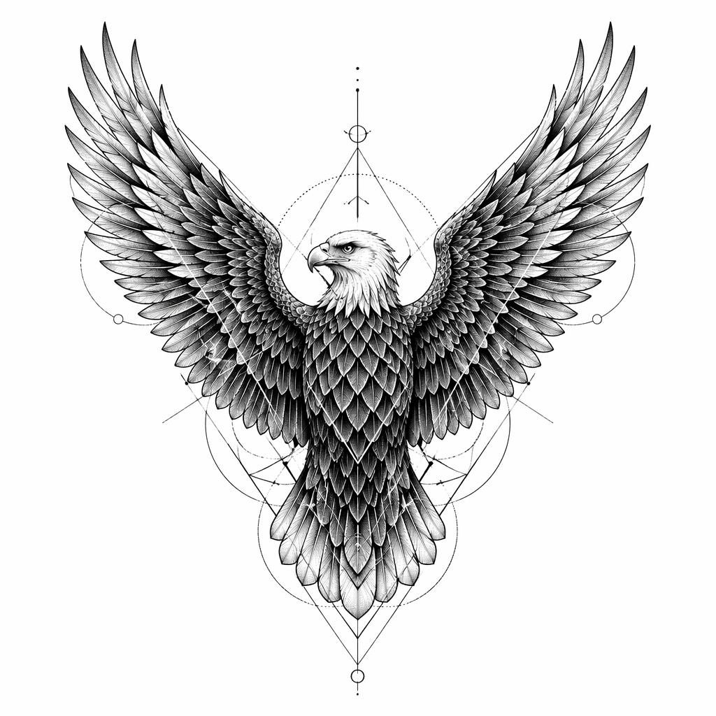 Geometric dotwork traditional eagle back tattoo design on white paper, flash-sheet style with sharp high-contrast lines.