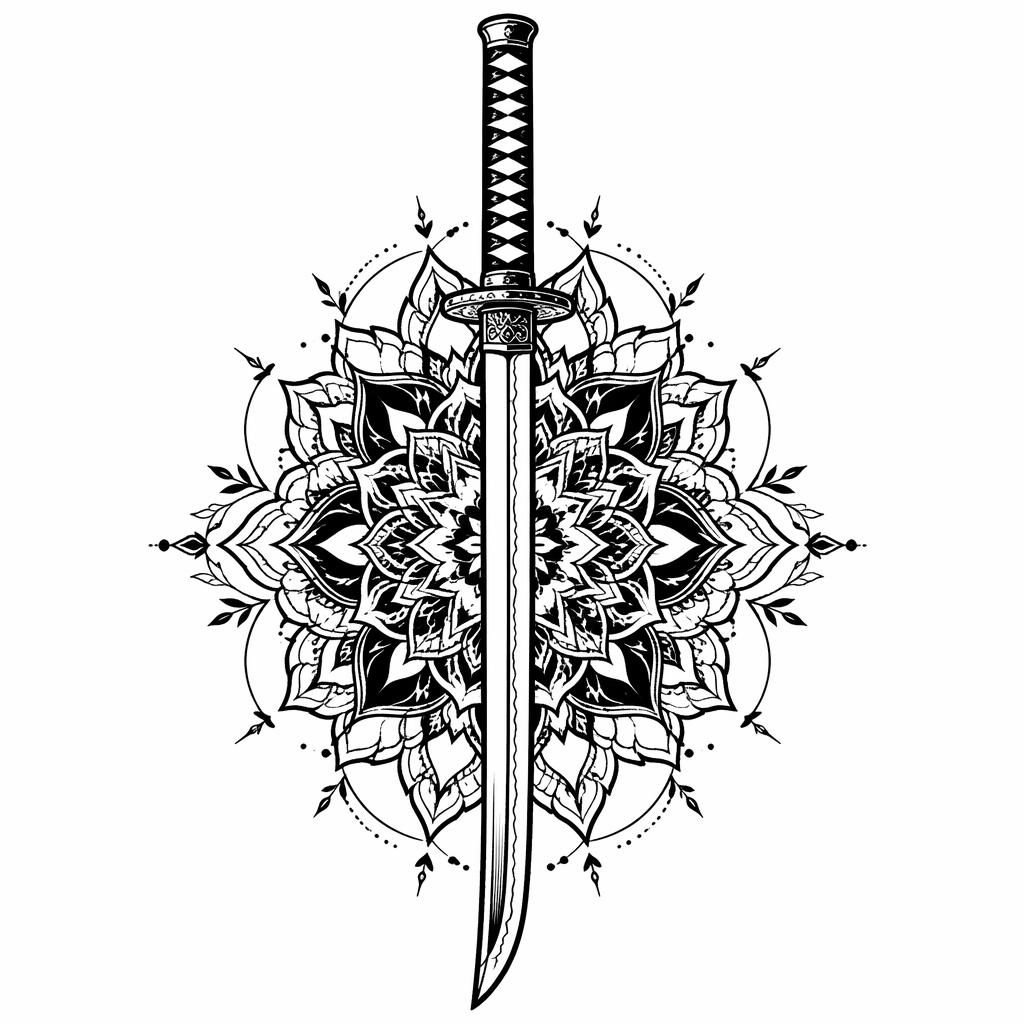 Blackwork mandala back tattoo design concept on white paper, clean flash-sheet illustration with sharp high-contrast lines.