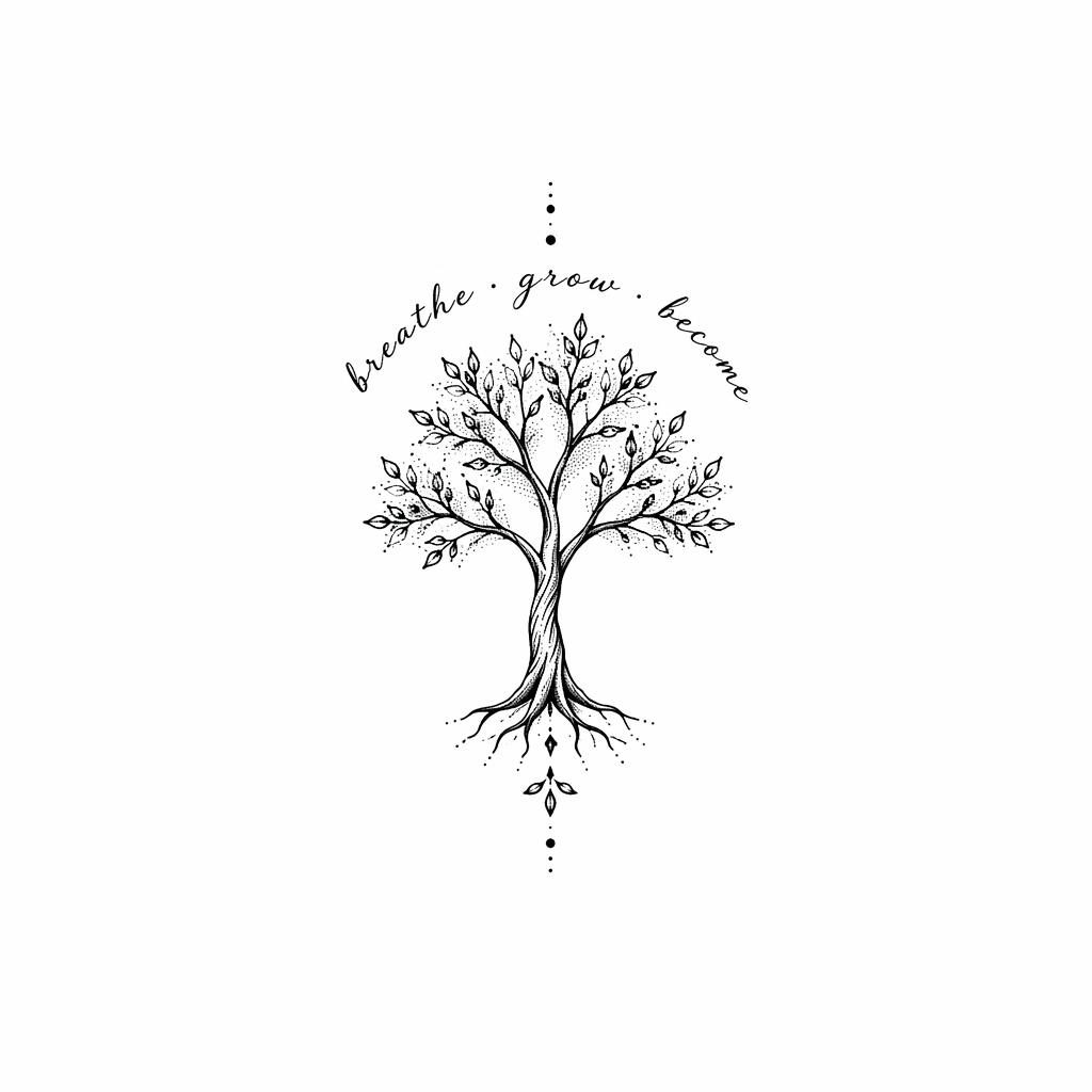 Blackwork dotwork tree tattoo design on white paper, tiny rib cage flash-style illustration with sharp lines.