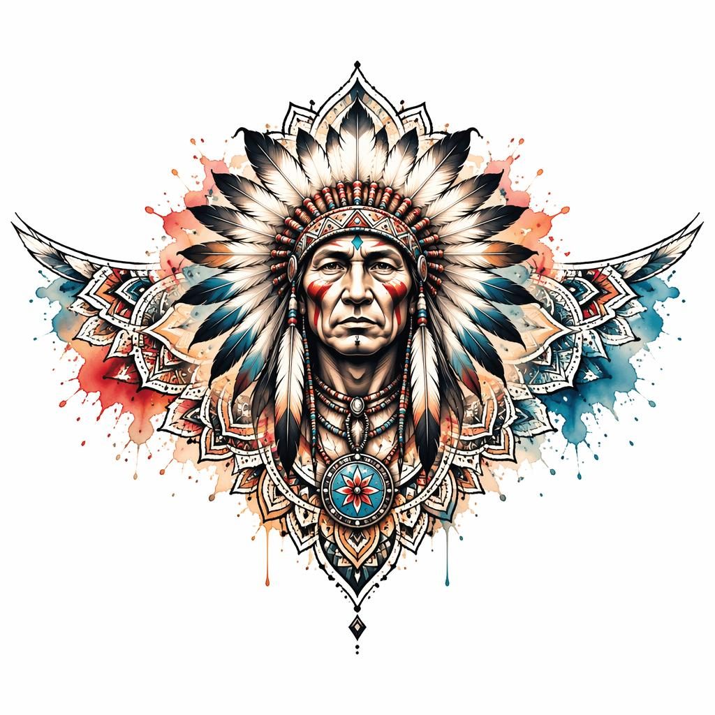 Tattoo flash illustration on white paper featuring a tiny mandala chest piece with watercolor splash accents and sharp lines.