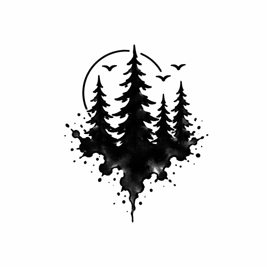 Blackwork forest silhouette tattoo concept on white paper with watercolor splash accents, sharp lines, plain white background.