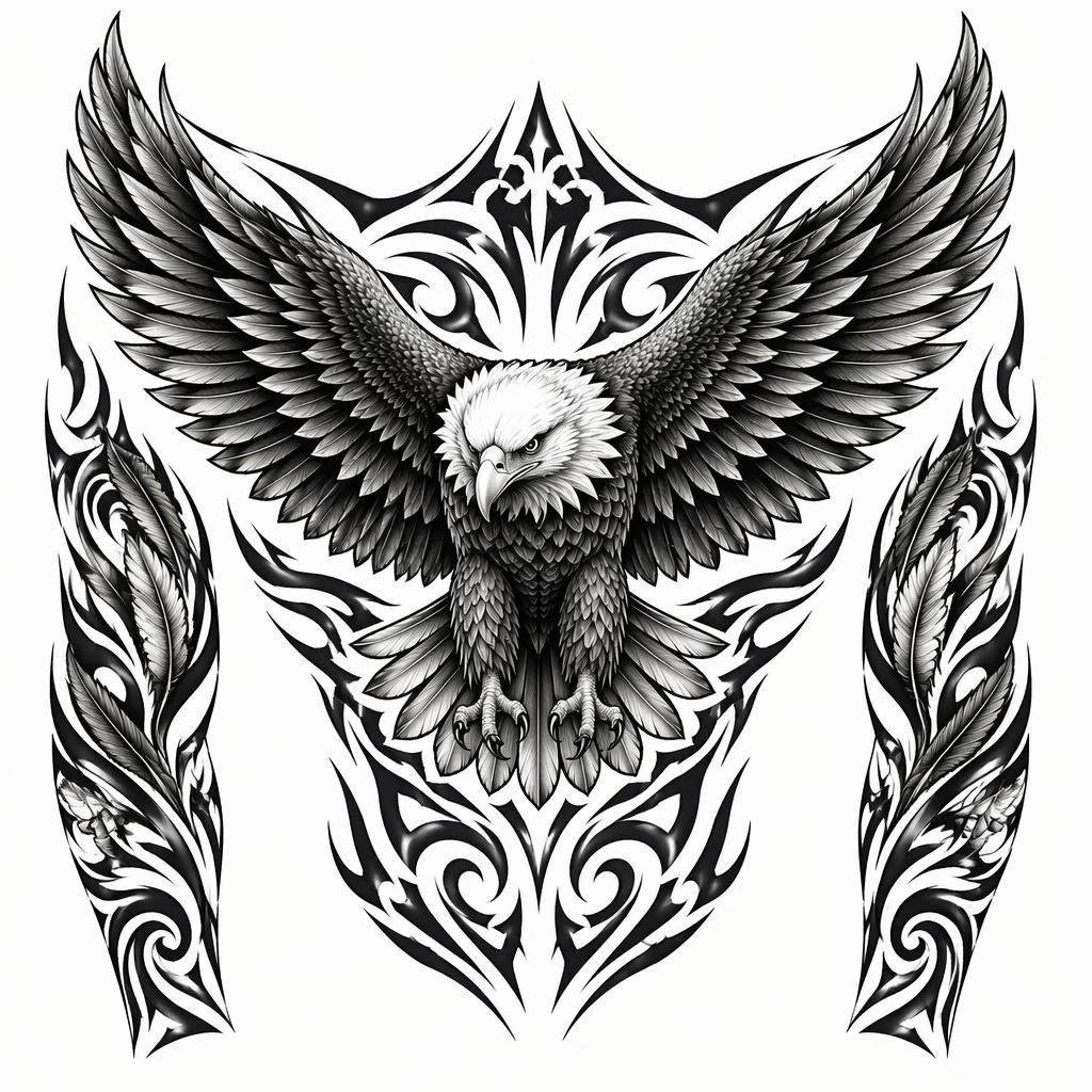 Tribal eagle back tattoo design drawn on white paper with sharp black lines for a chest or full sleeve panel.