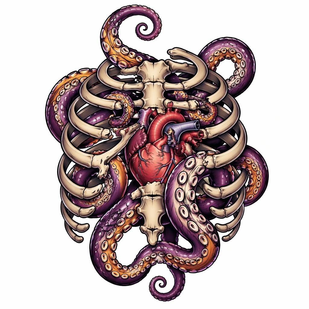 Neo-traditionelles Tattoo-Design auf weißem Papier mit Oktopus-Tentakeln und Rippen, klare Linien, hoher Kontrast.