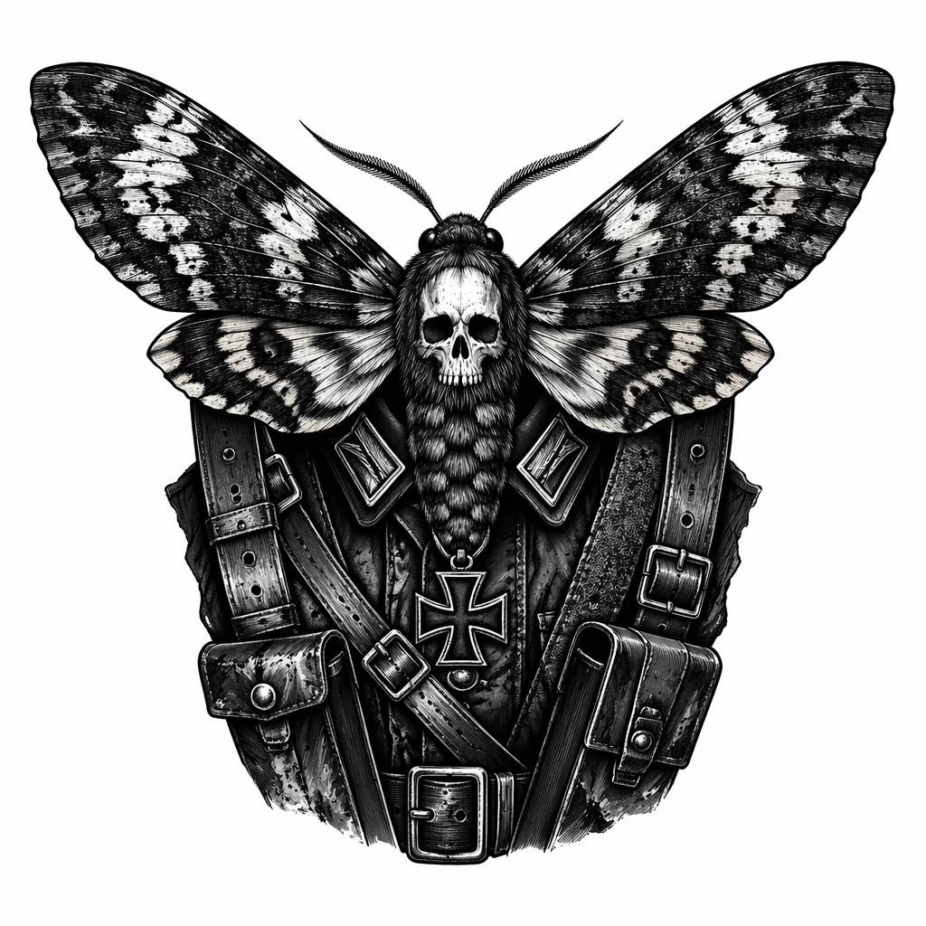 Blackwork-Nachtfalter als Tattoo-Design auf weißem Papier, kontrastreich, mit scharfen Linien im Flash-Sheet-Stil.