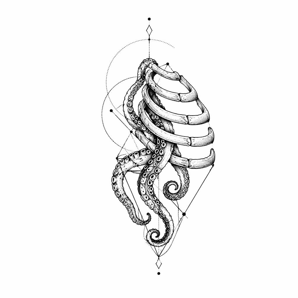Geometric dotwork tattoo concept of octopus tentacles and ribs on white paper, flash-sheet style with sharp black lines.