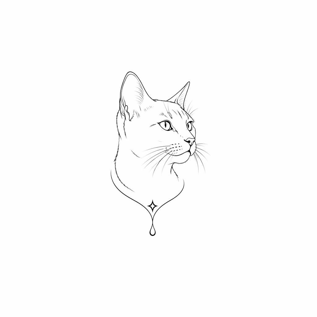 Minimalist fineline cat outline tattoo design on white paper, tiny forearm flash-sheet concept with sharp black lines.
