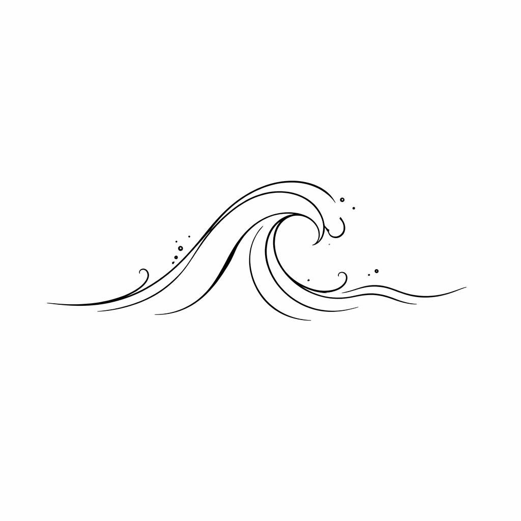 Minimalist fineline wave tattoo design concept on white paper, sharp black lines, flash-sheet style, plain white background.