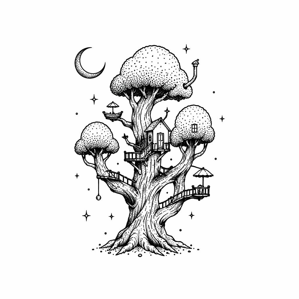 Blackwork dotwork tree tattoo design on white paper, clean flash-style illustration with sharp lines on plain white background.