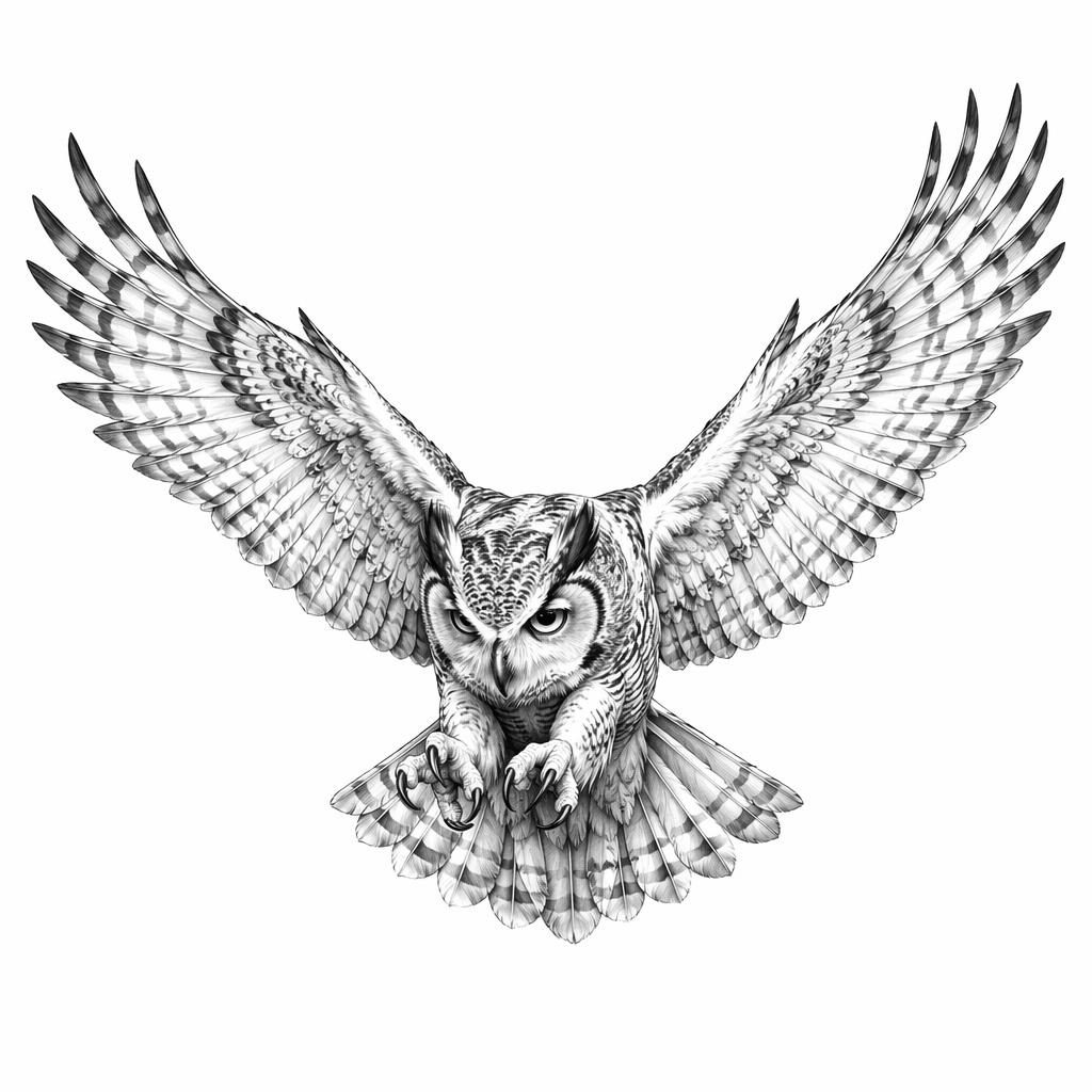 Realism owl in flight tattoo design sketched on white paper with sharp linework and clean flash-sheet style.