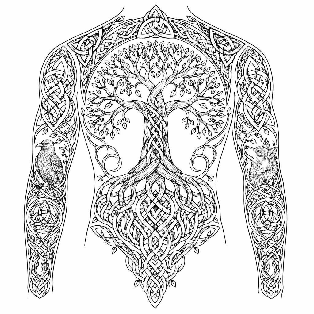 Sketch tattoo flash of a Celtic Tree of Life back design on white paper with sharp black linework and clean contrast