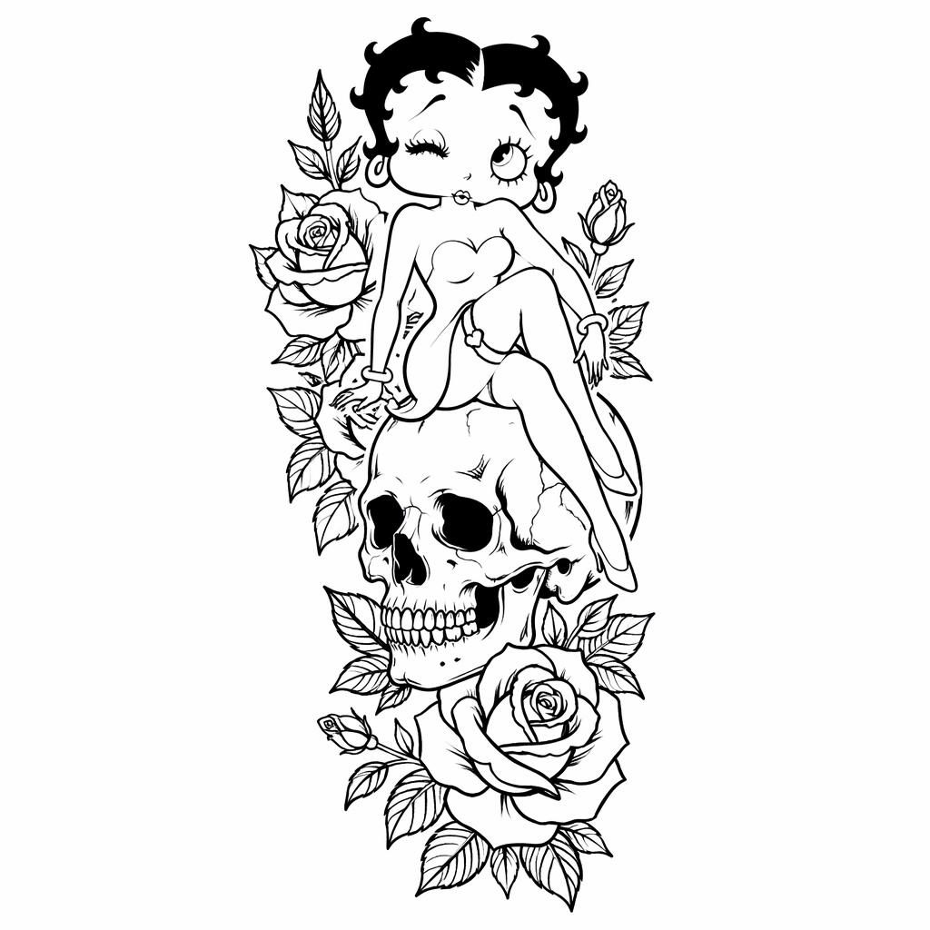 Dessin de tatouage sur fond blanc montrant un crâne traditionnel avec une rose en linework net, style flash.