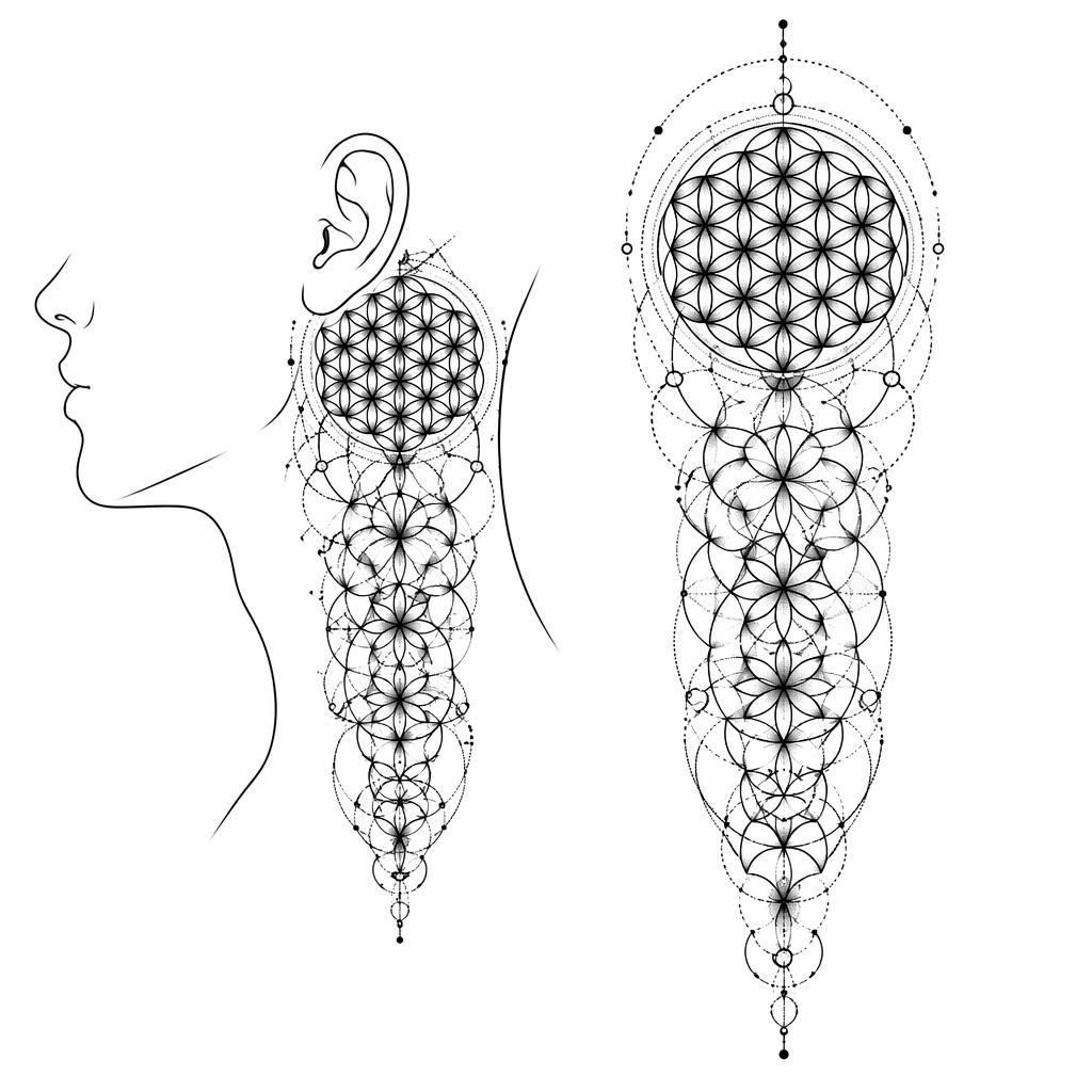 Diseño de tatuaje en papel blanco con flor de la vida en geometría sagrada, líneas nítidas y estilo dotwork