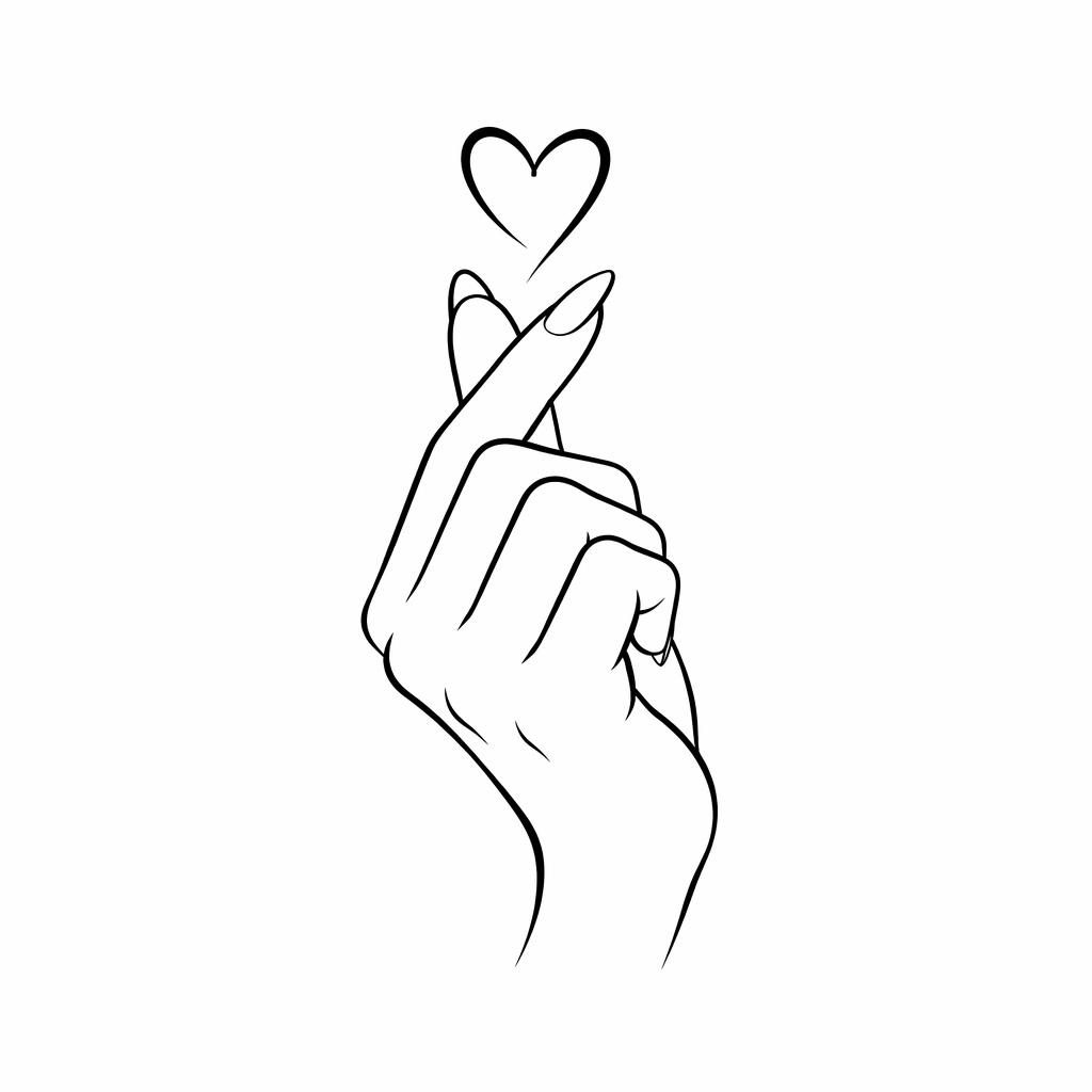 Diseño de tatuaje en papel blanco con un corazón pequeño para dedo, líneas nítidas y estilo lettering.