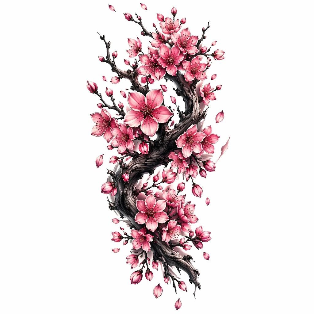 Tattoo-Design auf weißem Papier mit japanischen Kirschblüten, kontrastreich, klare Linien, Flashsheet-Stil.