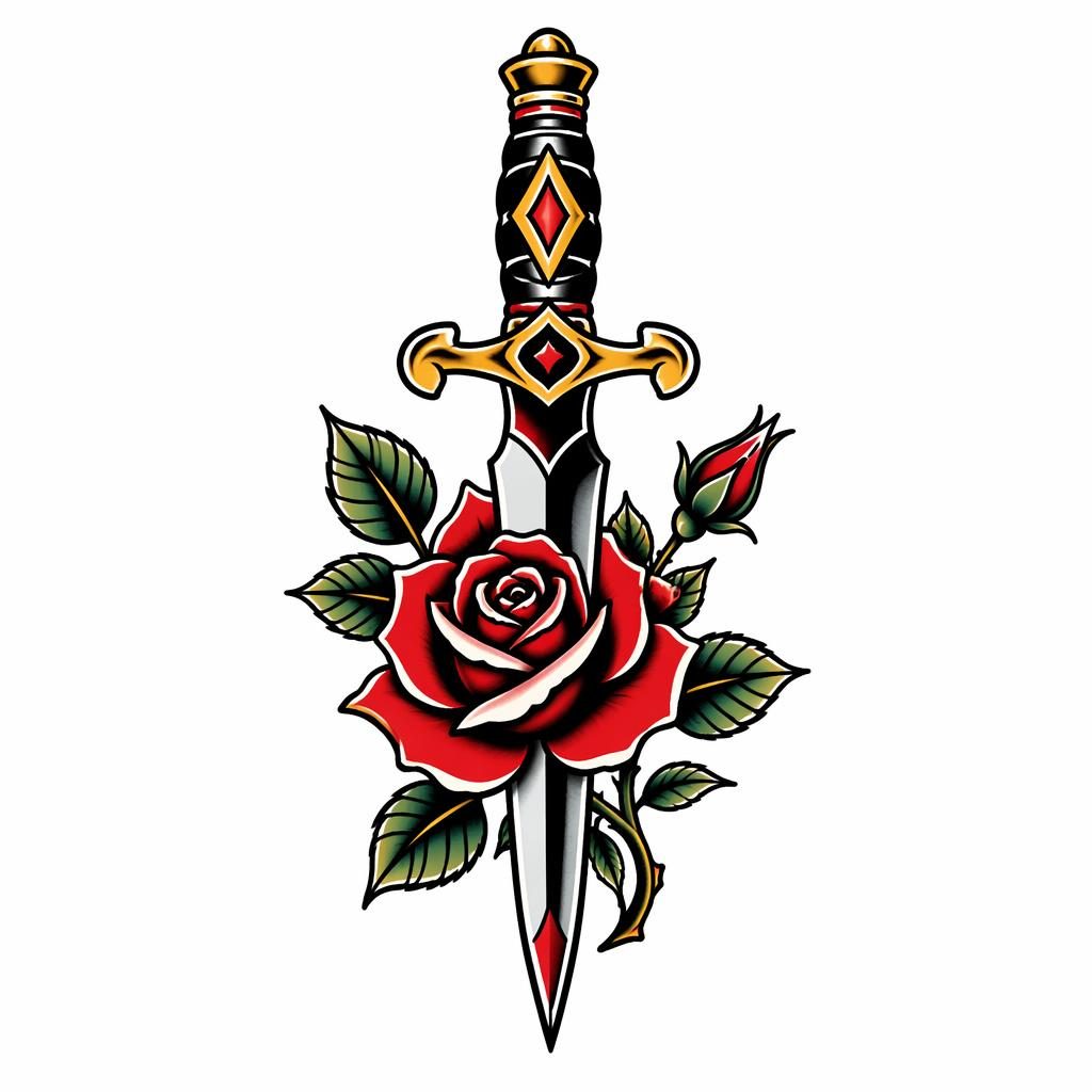 Traditional rose dagger tattoo design drawn on white paper, clean flash-sheet illustration with sharp lines and high contrast.