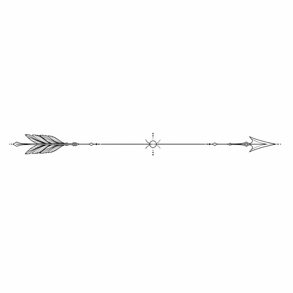 Minimalist fineline arrow tattoo flash drawn on white paper with sharp black lines and a clean plain background.