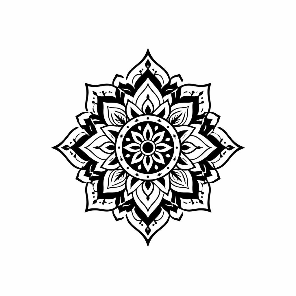 Kleiner Blackwork-Mandala-Tattoo-Entwurf auf weißem Papier, klare Linien, hoher Kontrast, Flash-Sheet-Stil