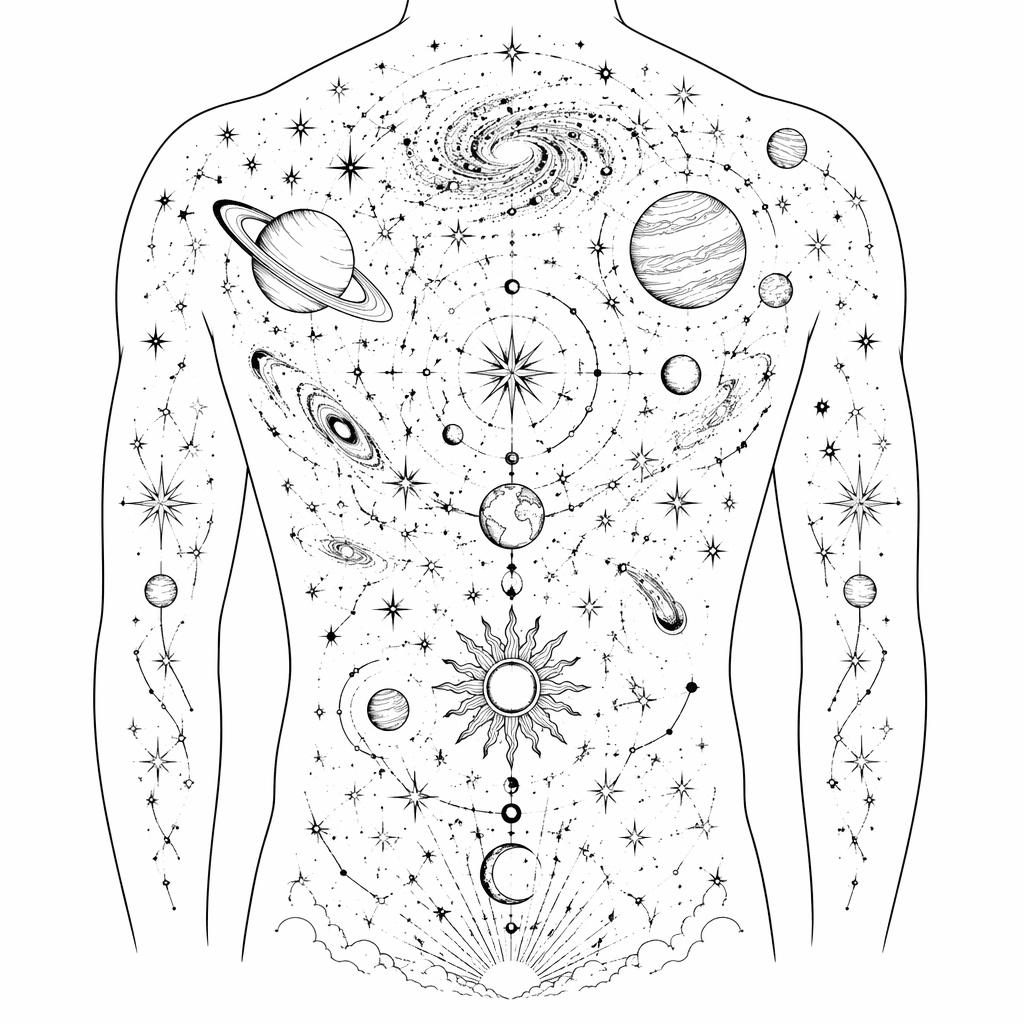 Tattoo-Design auf weißem Papier mit Kosmos- und Sternenmotiv, klare schwarze Linien im Flash-Sheet-Stil.