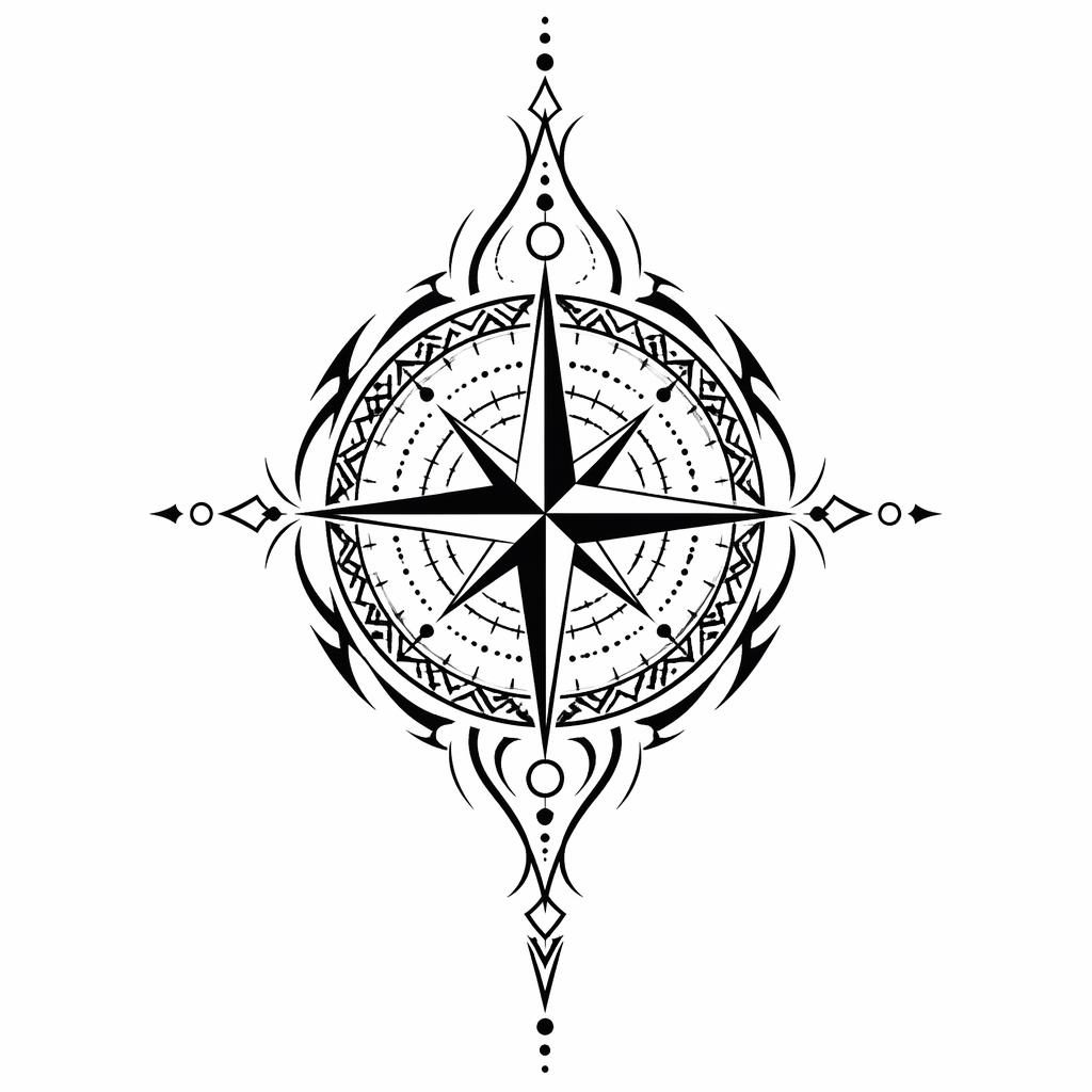 Tattoo-Design auf weißem Papier: Sacred-Geometry-Kompass im Tribal-Stil, klare Linien, hoher Kontrast.