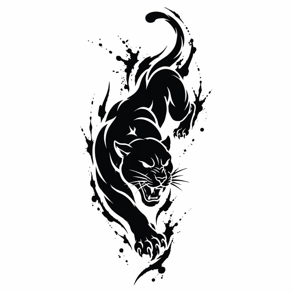 Schwarzer Panther als Blackwork-Tattoo-Entwurf auf weißem Papier, mit Aquarell-Splash-Effekt und klaren Linien.