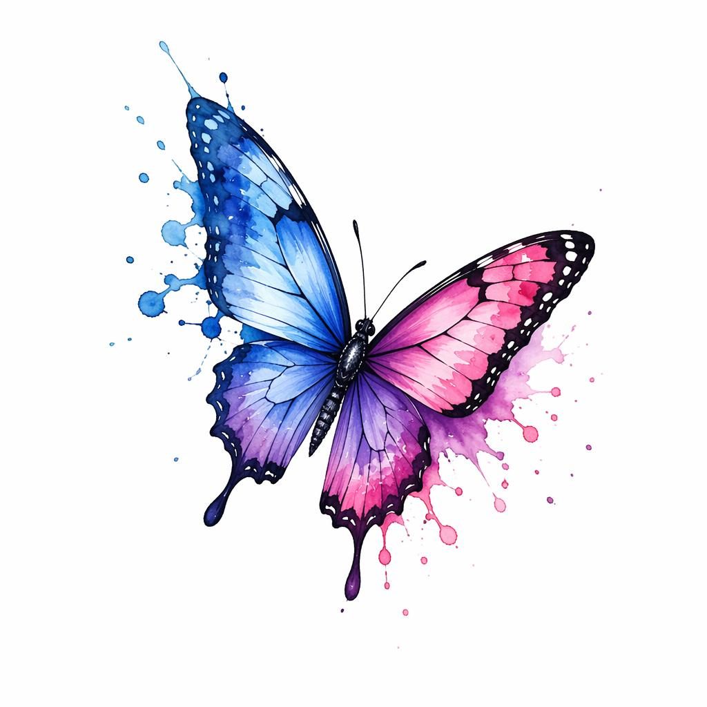 Tattoo-Design auf weißem Papier: kleiner Aquarell-Schmetterling mit Splash-Effekt, klare Linien, hoher Kontrast.