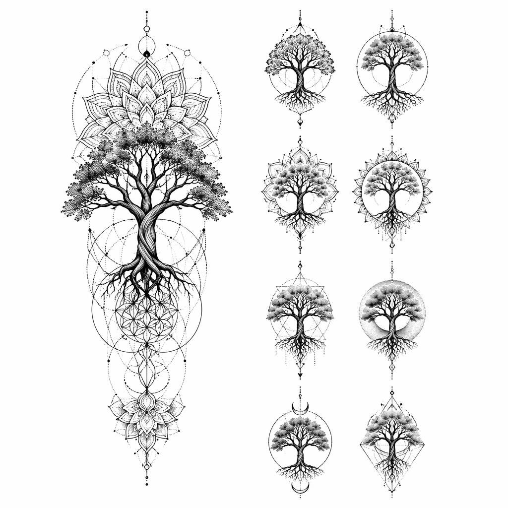 Diseño de tatuaje de árbol blackwork con dotwork y linework sobre papel blanco, estilo flash limpio y alto contraste.