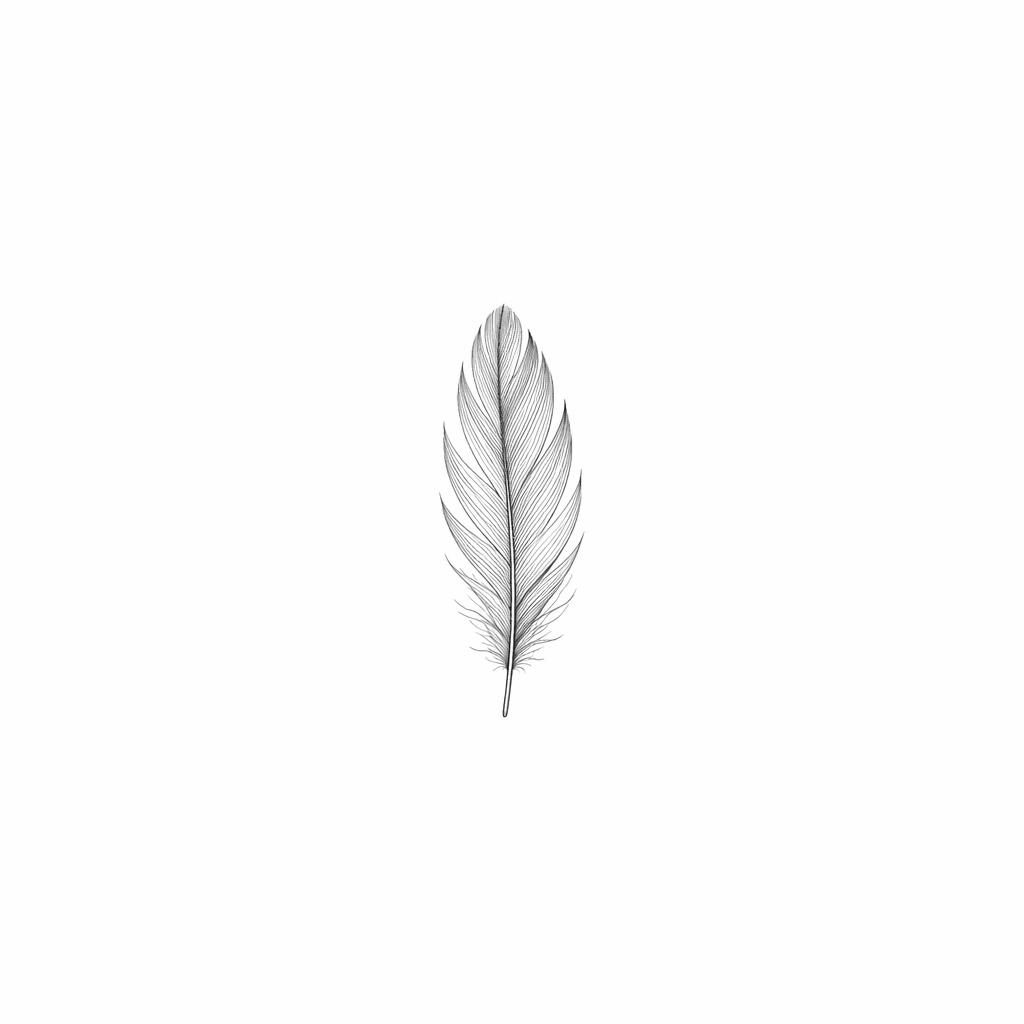 Minimalistische Fineline-Feder als Tattoo-Design auf weißem Papier, sauber gezeichnet, mit scharfen Linien.