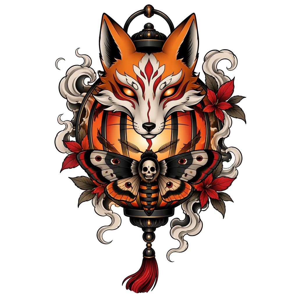 Neo traditional fox lantern tattoo design on white paper in Japanese irezumi style, flash-sheet linework, high contrast.