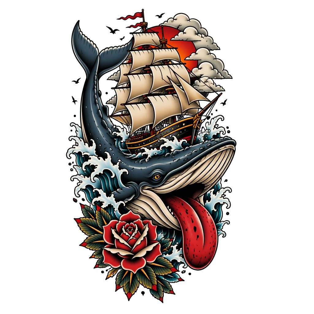 Neo-traditionelles Tattoo-Motiv auf weißem Papier: Whale-Ship im American-Traditional-Stil, klare Linien.