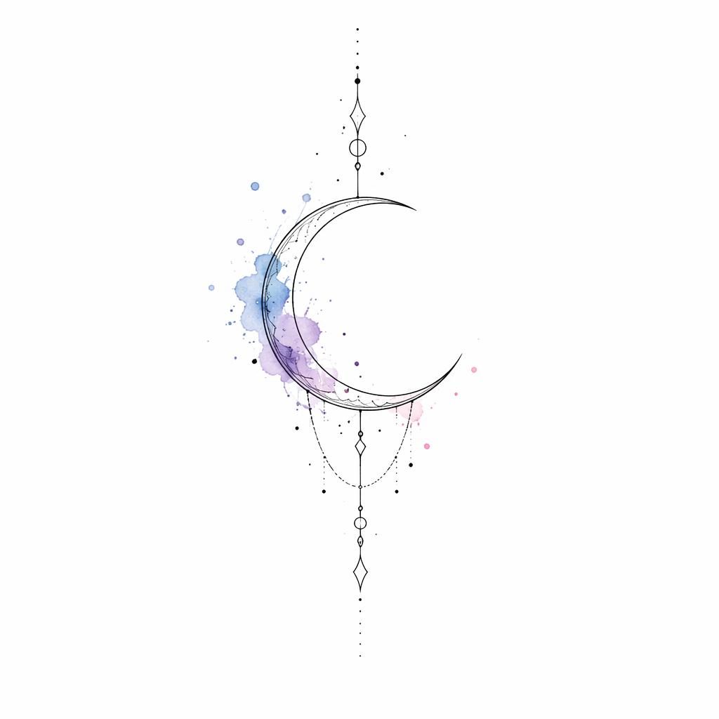 Minimalistischer Fineline-Halbmond auf weißem Papier mit Aquarellspritzern, als saubere Tattoo-Flash-Illustration.