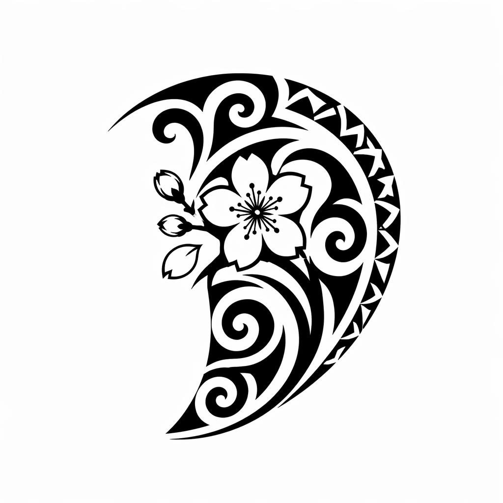 Diseño de tatuaje blackwork pequeño sobre papel blanco, inspirado en capucha maorí para hombro, líneas nítidas.