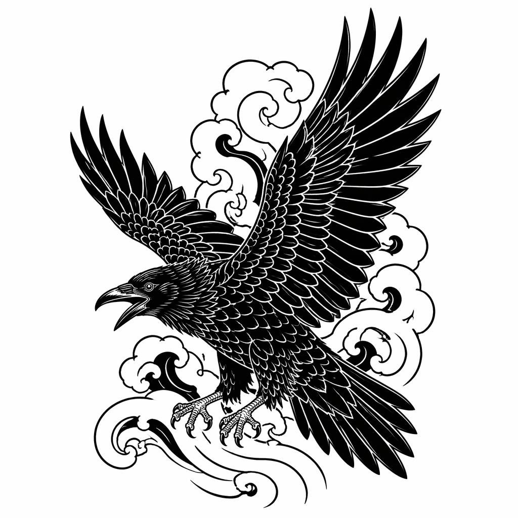 Blackwork raven with spread wings in Japanese irezumi flash style on plain white paper, clean sharp tattoo linework.