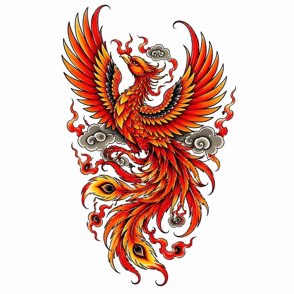 Neo-traditionelles Tattoo-Design eines japanischen Phönix auf weißem Papier, klare Linien, hoher Kontrast.
