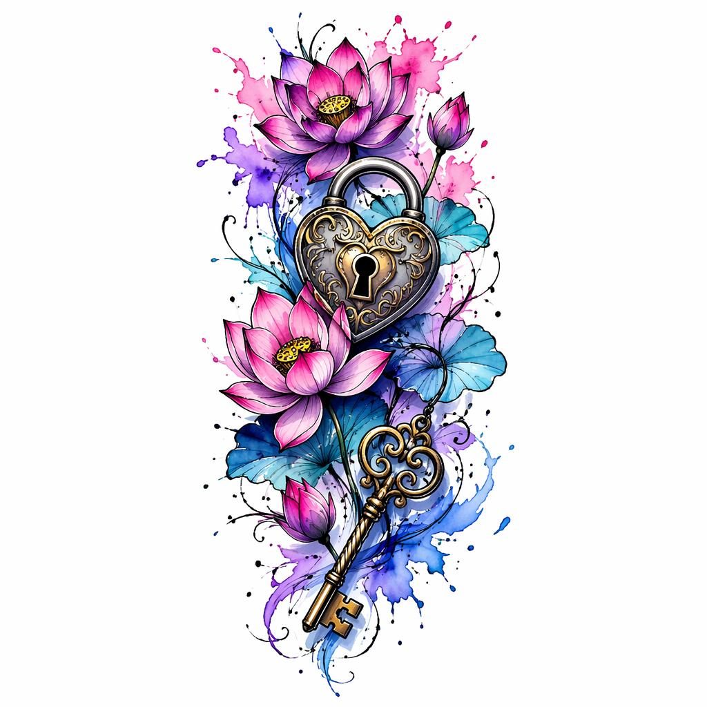 Watercolor splash tattoo flash on white paper showing a best friend lock and key design with sharp high-contrast lines.
