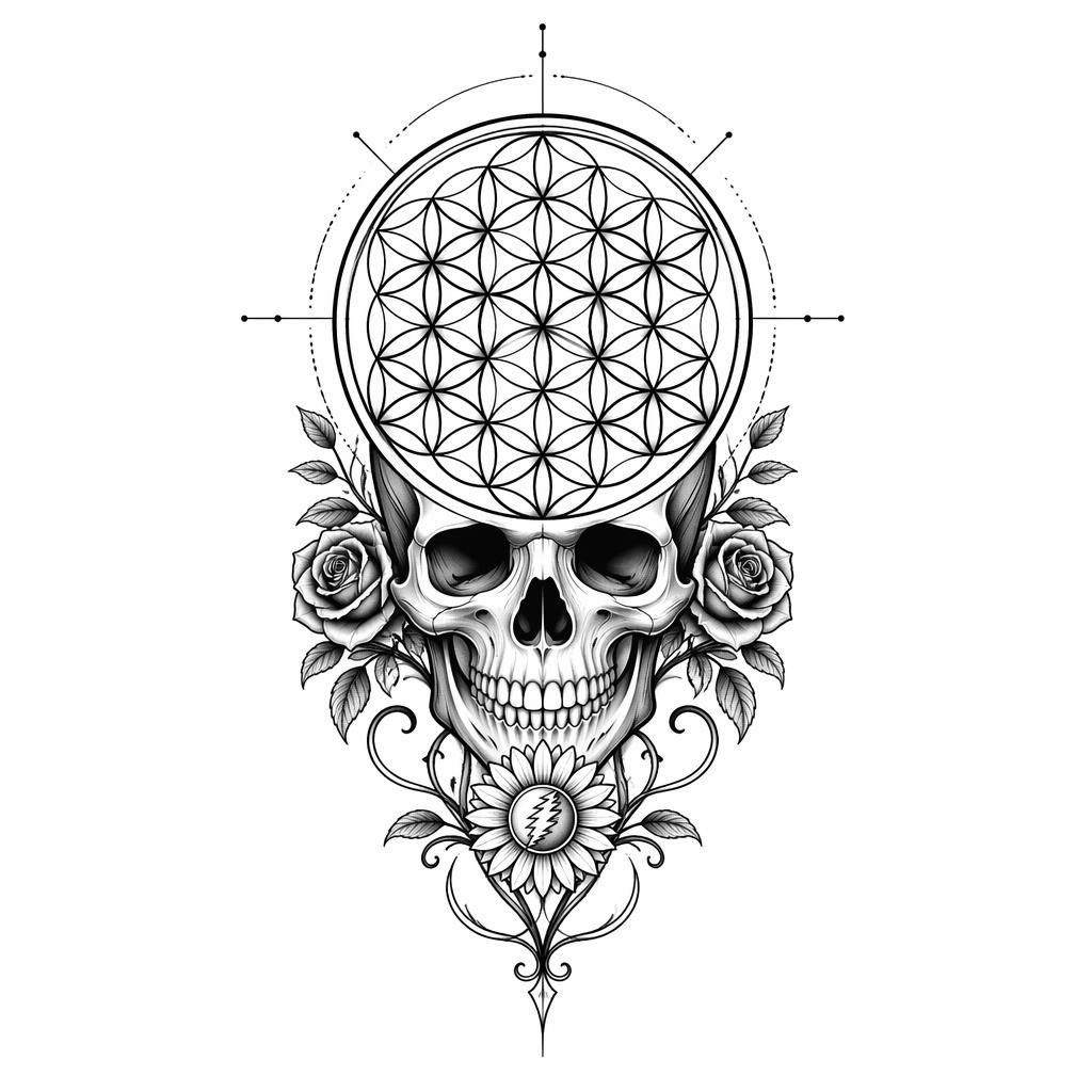 Black ink tattoo flash of a sacred geometry Flower of Life on white paper, sharp high-contrast lines for ankle placement
