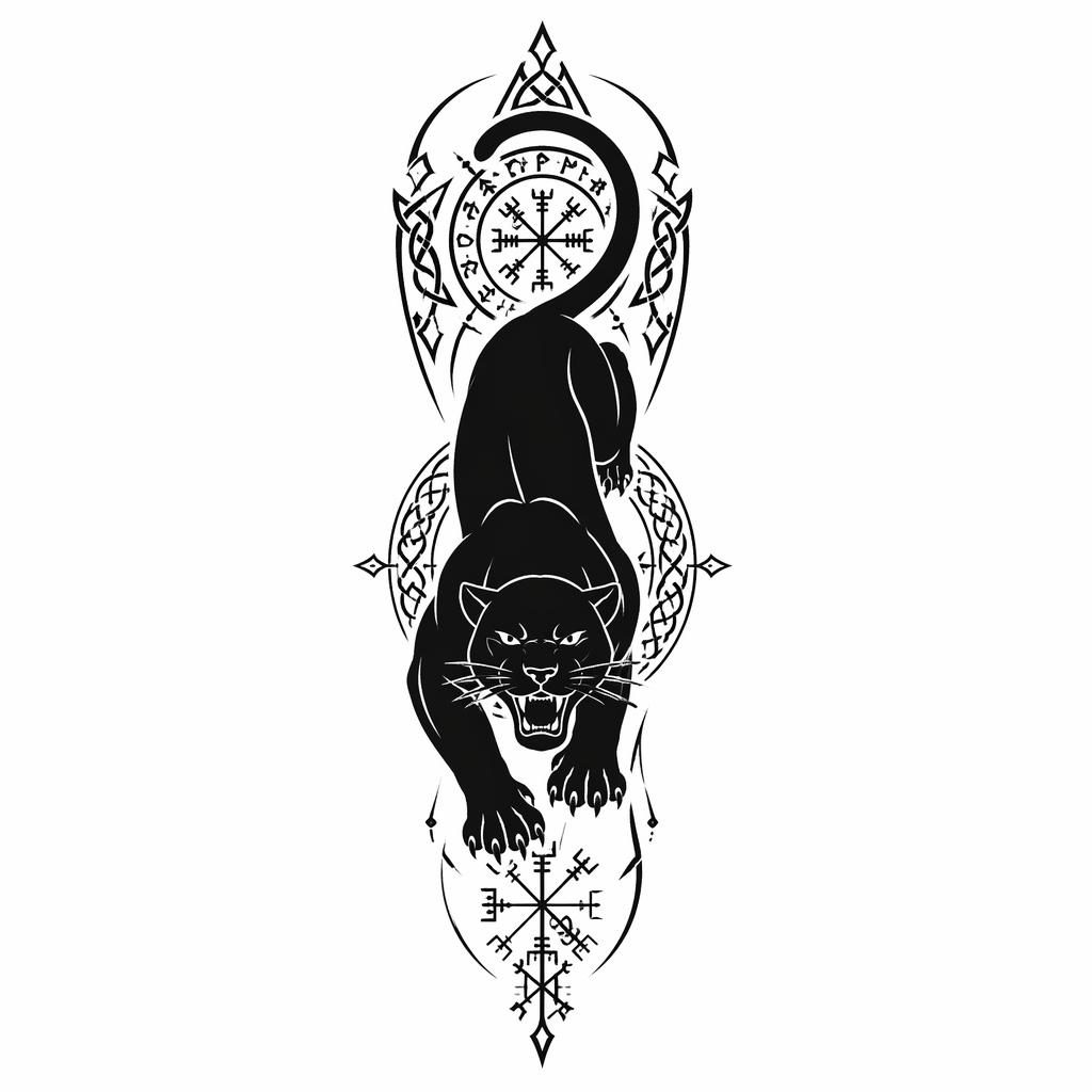 Illustration de tatouage sur papier blanc : panthère blackwork noire, lignes fines, style minimaliste, panneau sleeve