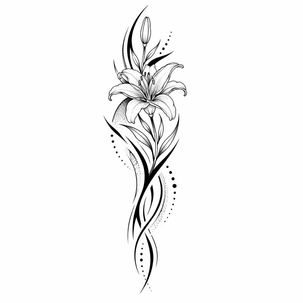 Diseño de tatuaje de lirio minimalista fineline en papel blanco, estilo tribal, alto contraste y líneas limpias.