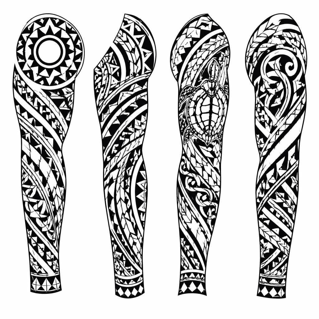 Schwarzboldes polynesisches Tribal-Sleeve-Tattoo als Flash-Design auf weißem Papier, mit scharfen Linien und hohem Kontrast.