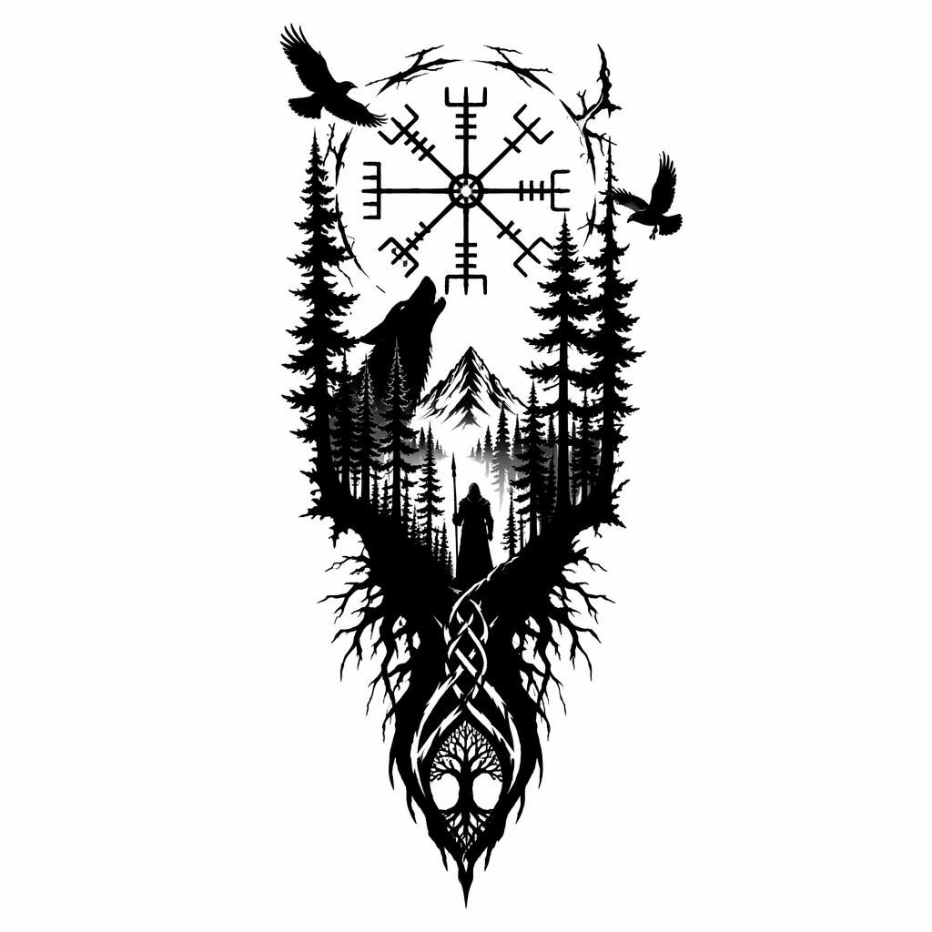Blackwork tattoo design on white paper showing a bold forest silhouette with sharp lines and high contrast.