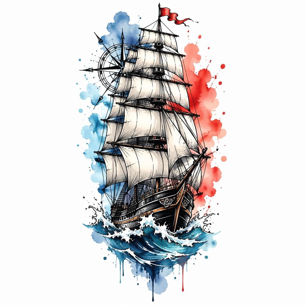 Tattoo-Design eines voll getakelten Traditionsschiffs auf weißem Papier, mit Aquarellspritzern und klaren Linien