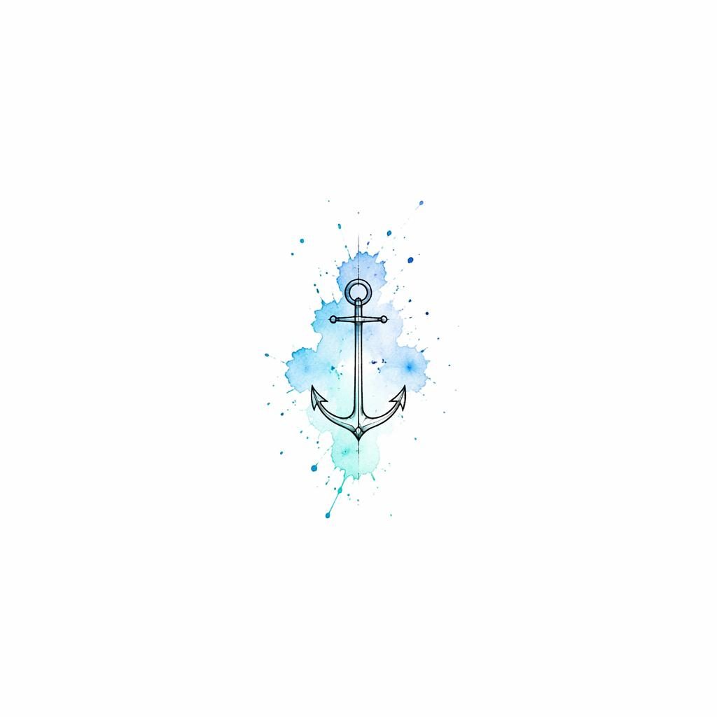 Minimalist fineline anchor tattoo design on white paper with watercolor splash accents, sharp black lines, flash-sheet style.