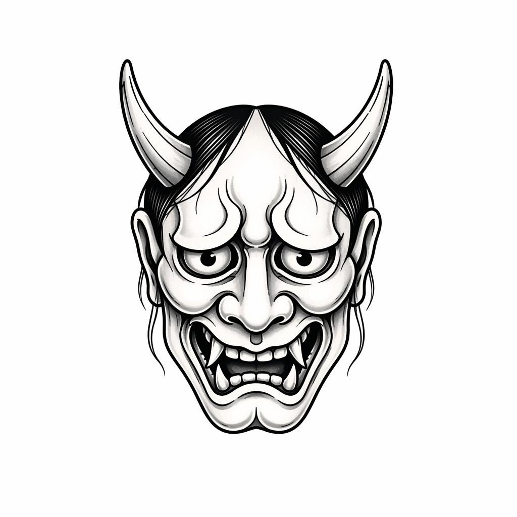 Japanese hannya mask tattoo design on white paper in irezumi style, small wrist flash art with sharp black and grey lines.