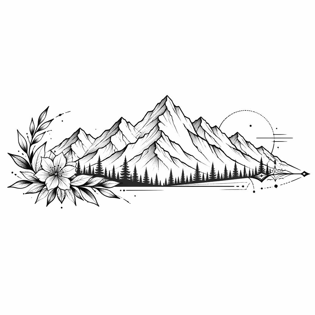 Diseño de tatuaje de cordillera en linework sobre papel blanco, estilo neo-tradicional, alto contraste y líneas limpias.