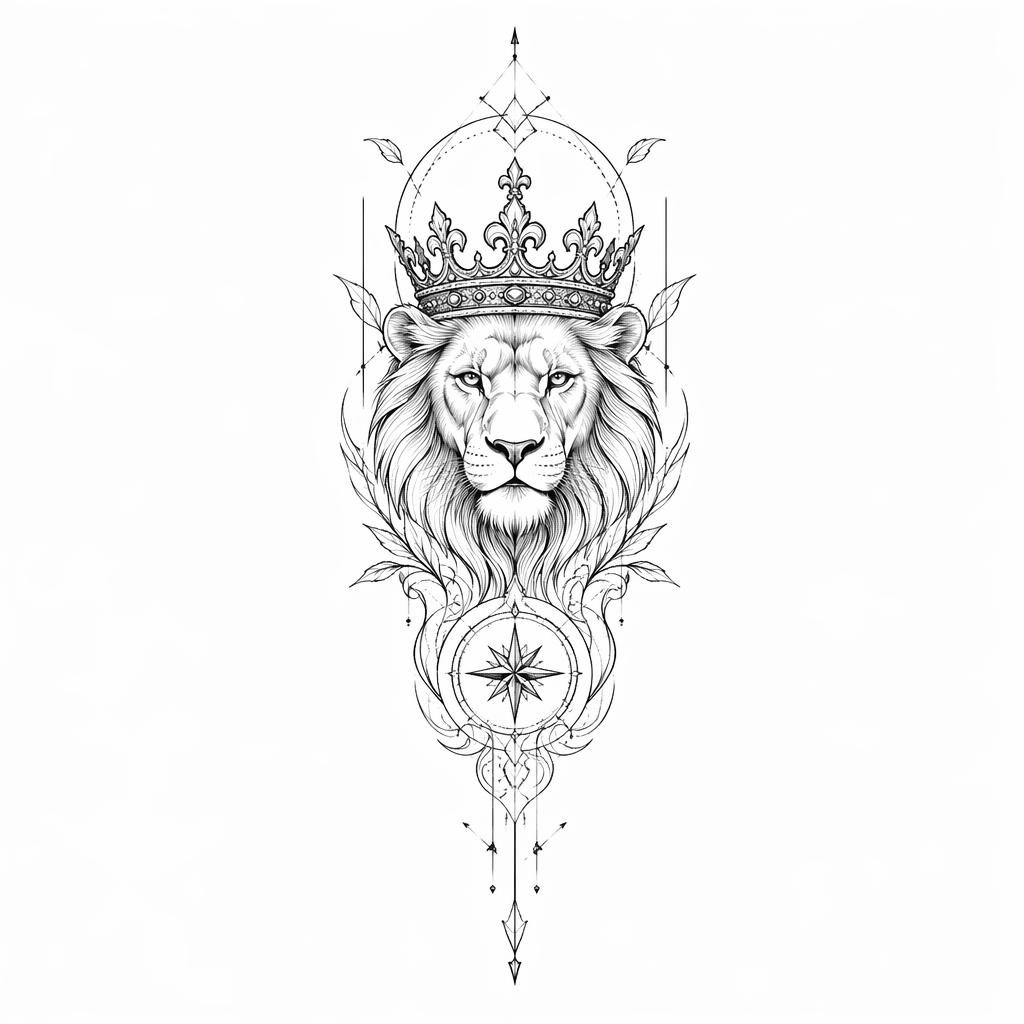 Fineline-Tattooentwurf auf weißem Papier: Löwe mit Krone, klare Linien, minimalistisches Flash-Sheet-Design.